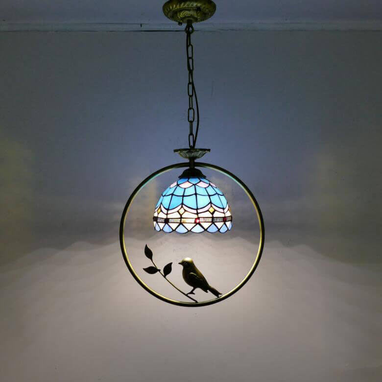 Tiffany Rustic Dome Stained Glass Ring Bird Design 1-Light Pendant Light