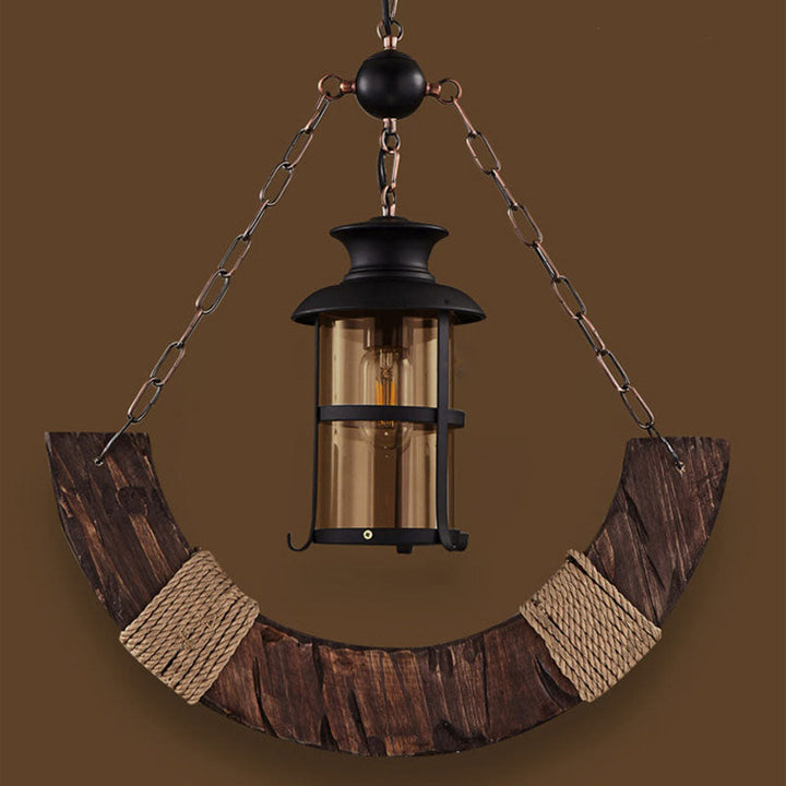 Traditional Farmhouse Arched Wooden Beam Iron Chain 1-Light Pendant Light For Entertainment Room