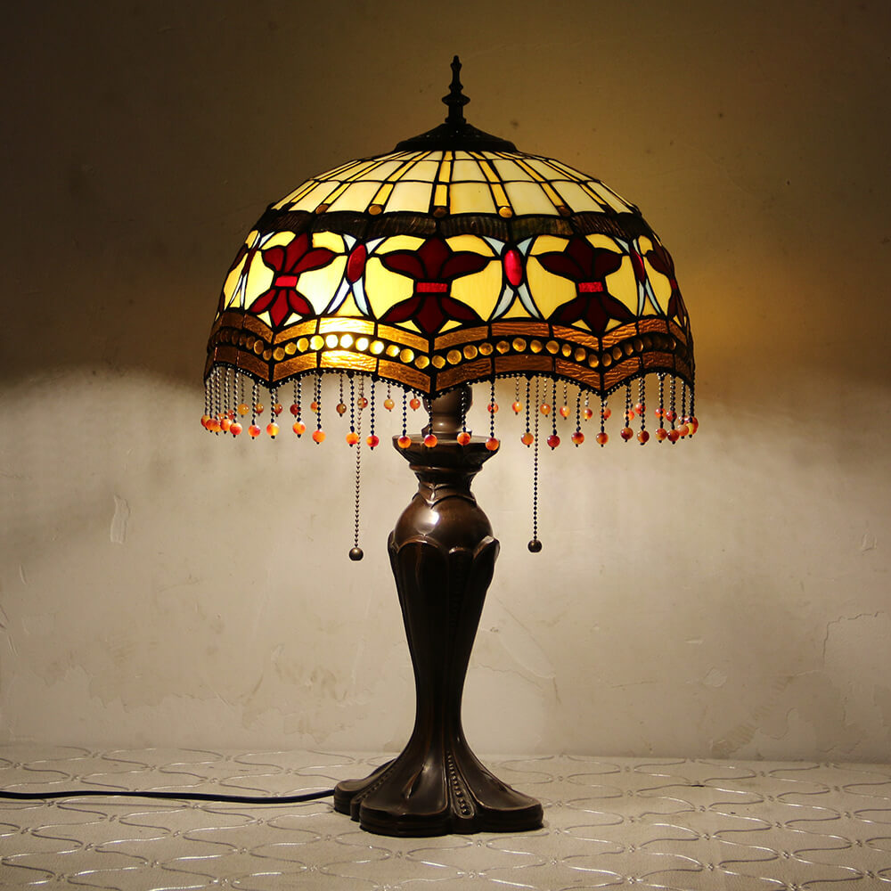 Lampe de table Tiffany avec fleur rétro européenne en verre teinté à 1 lumière avec cordon de tirage 