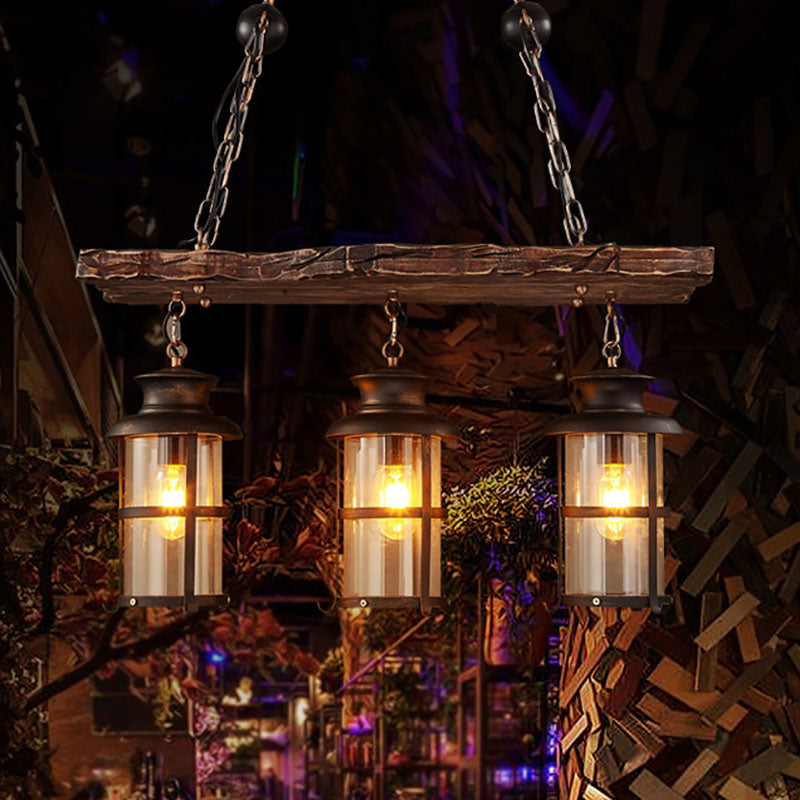Lustre à 3 lumières en fer avec bande boisée de style ferme traditionnelle pour salle à manger 