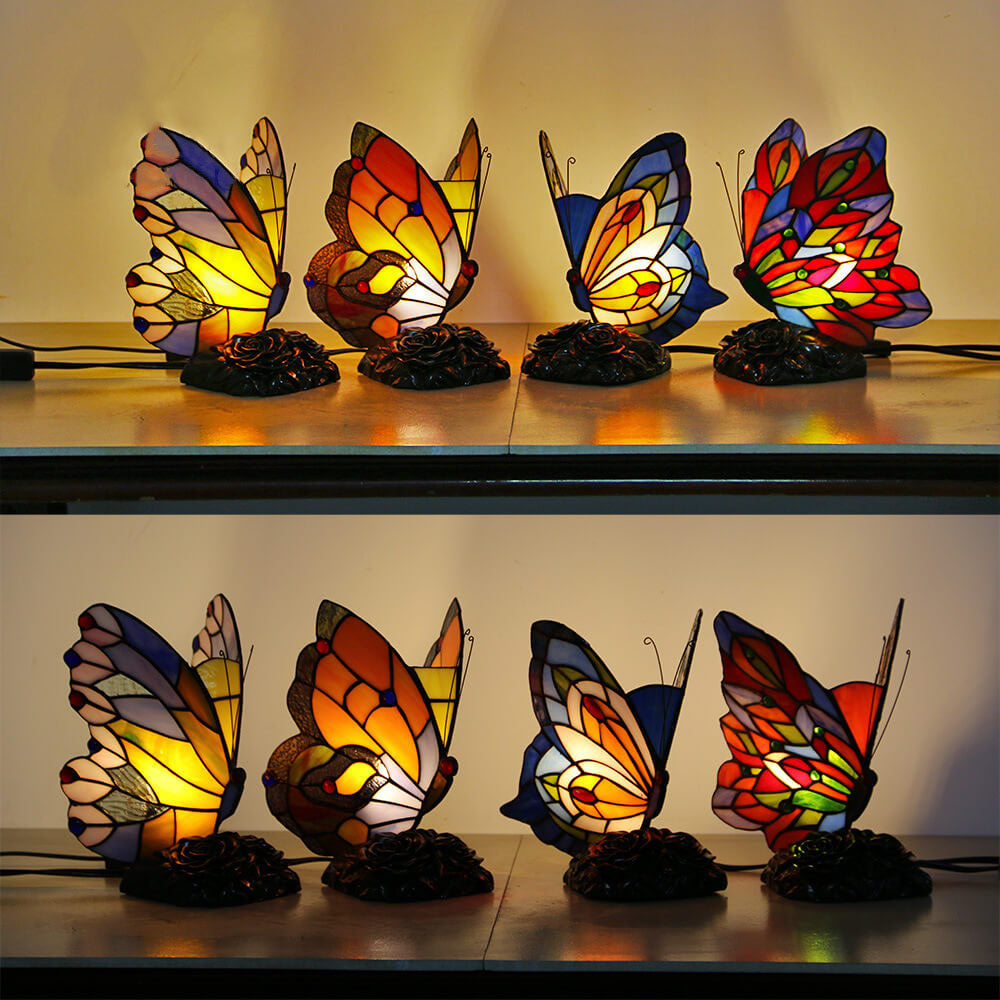 Traditionelle Tiffany-Glas-Harz-Schmetterlingsform Nachtlicht 1-flammige Tischlampe für Schlafzimmer &amp; Wohnzimmer 