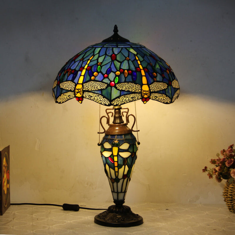 Lampe de table européenne à 2 lumières en forme de dôme hexagonal en vitrail Tiffany 