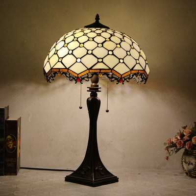 Lámpara de mesa de 2 luces con cordón de tiro en forma de cono de vidrio teñido estilo Tiffany Mediterráneo 