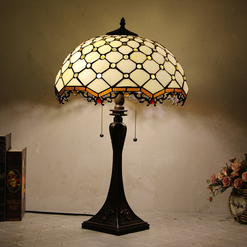 Lámpara de mesa de 2 luces con cordón de tiro en forma de cono de vidrio teñido estilo Tiffany Mediterráneo 