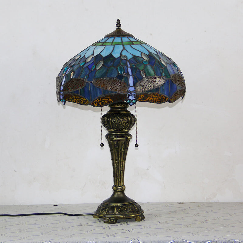 European Vintage Tiffany Dragonfly Peacock Glass Resin 1-Light Table Lamp