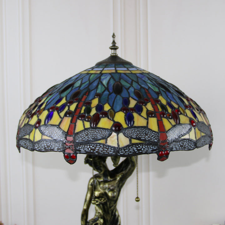 Lampe de table à 2 lumières avec base en résine et beauté en verre teinté Tiffany vintage 