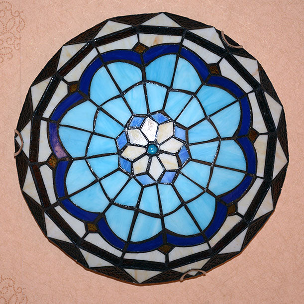 Tiffany Mediterranean Blue Stained Glass Round 2/3/4 Light Flush Mount Ceiling Light