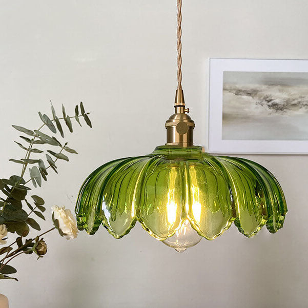 Lustre suspendu en laiton moderne rustique avec une fleur en verre à 1 lumière 