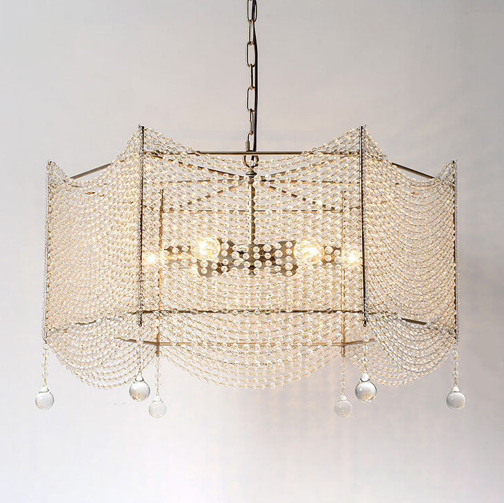 Modern Polygon Gold-Finished Iron Frame Crystal Beads 6-Light Chandelier