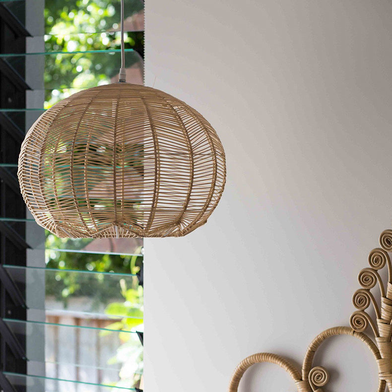 Contemporary Boho Rattan Weaving Cage 1-Light Pendant Light For Dining Room