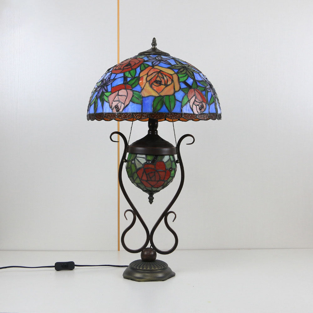 Traditional Tiffany Floral Stained Glass Iron Resin Round Pot 3-Light Table Lamp For Bedroom