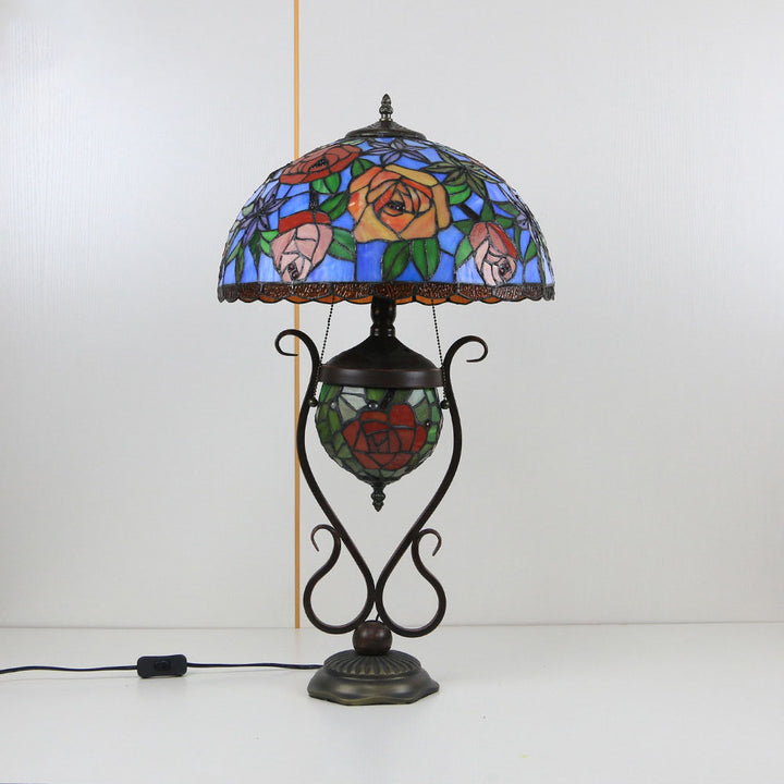Traditional Tiffany Floral Stained Glass Iron Resin Round Pot 3-Light Table Lamp For Bedroom
