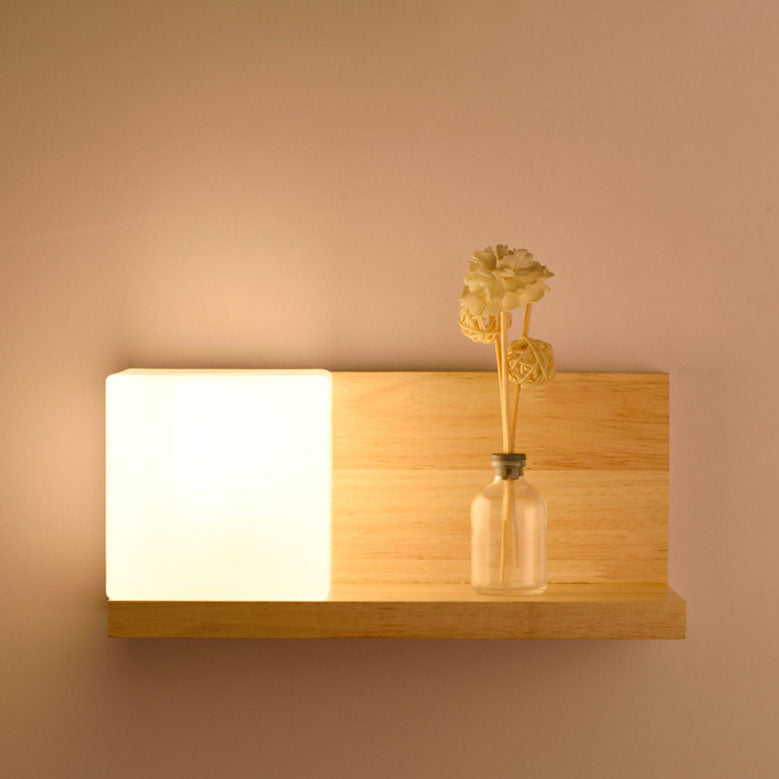 Moderne kreative 1-flammige quadratische Wandleuchte aus Gummibaumholz und Glas für Wohnzimmer &amp; Schlafzimmer 
