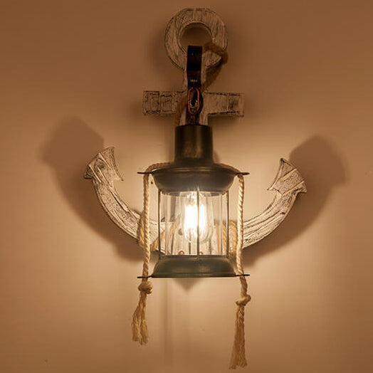 Aplique de pared de 1 luz con ancla de barco vintage industrial de madera maciza 