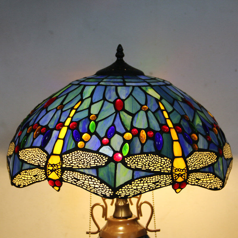 Europäische Tiffany-Tischlampe mit sechseckiger Kuppel und Zugschnur, 2-flammig 