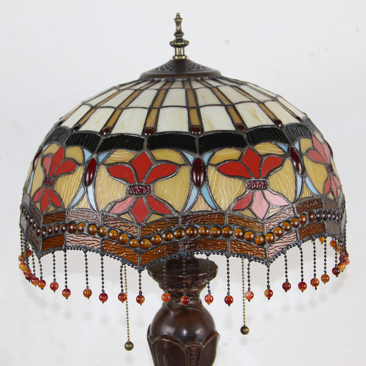 Lampe de table Tiffany avec fleur rétro européenne en verre teinté à 1 lumière avec cordon de tirage 