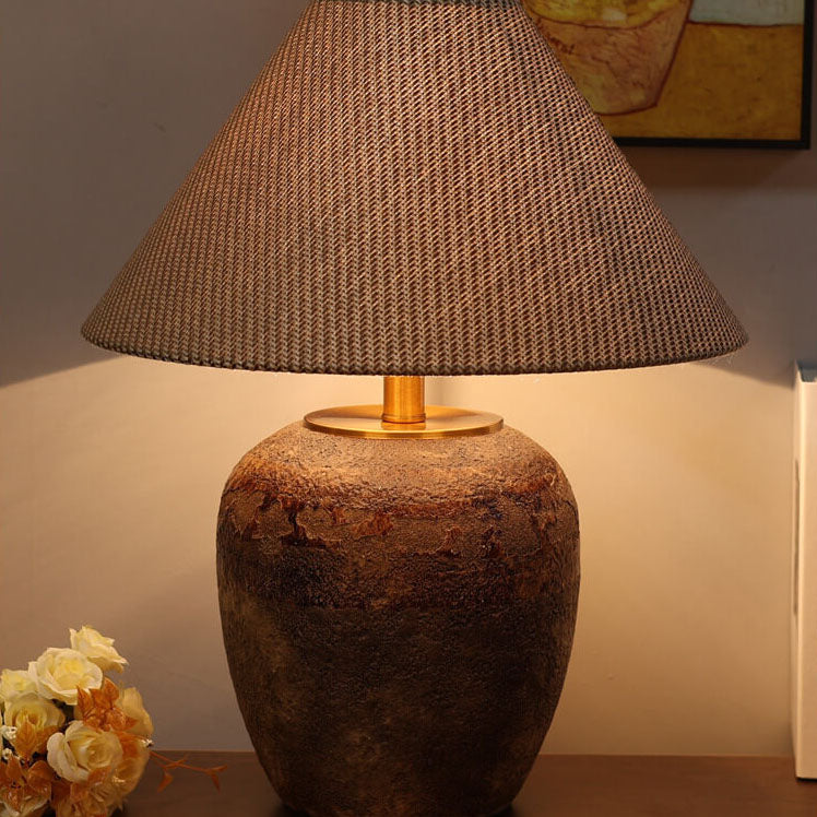 Chinese Retro Vase Base Ceramic Linen 1-Light Table Lamp