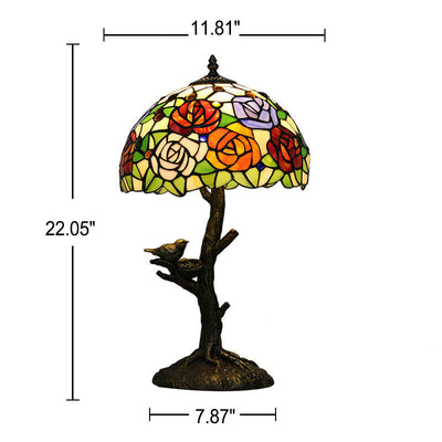 Lampe de table à 1 lumière en verre teinté avec design de papillon et rose Art Tiffany 