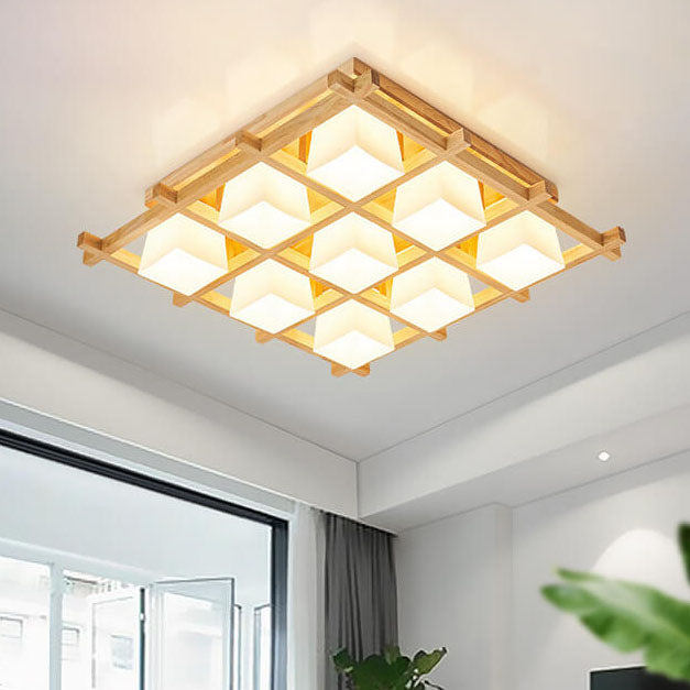 Japanese Minimalist Wooden Square Cube Shade 4/6/9 Light Flush Mount Ceiling Light