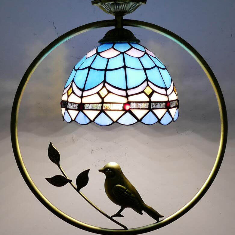 Tiffany Rustic Dome Stained Glass Ring Bird Design 1-Light Pendant Light