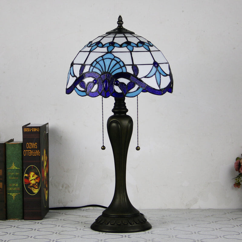 Vintage Tiffany Baroque Stained Glass Dome Pull Cord 1-Light Table Lamp