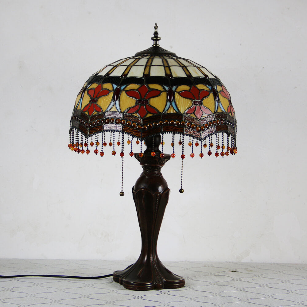 Lampe de table Tiffany avec fleur rétro européenne en verre teinté à 1 lumière avec cordon de tirage 