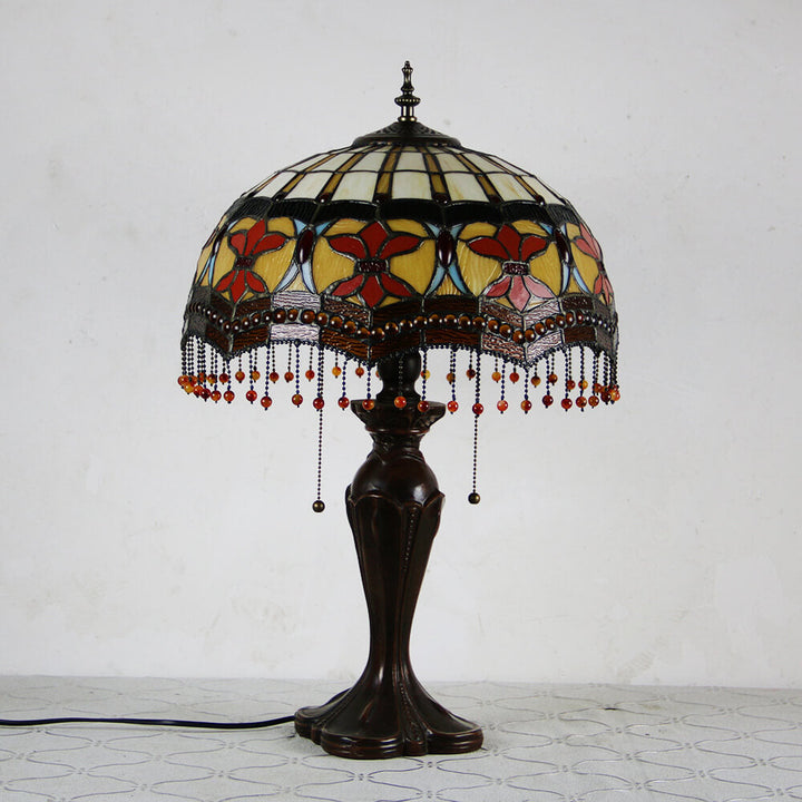 Lampe de table Tiffany avec fleur rétro européenne en verre teinté à 1 lumière avec cordon de tirage 