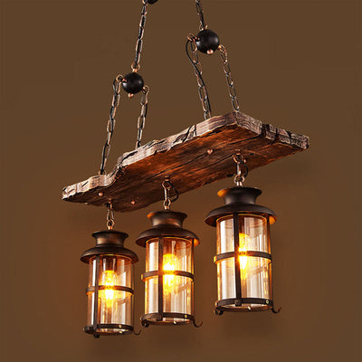 Lustre à 3 lumières en fer avec bande boisée de style ferme traditionnelle pour salle à manger 