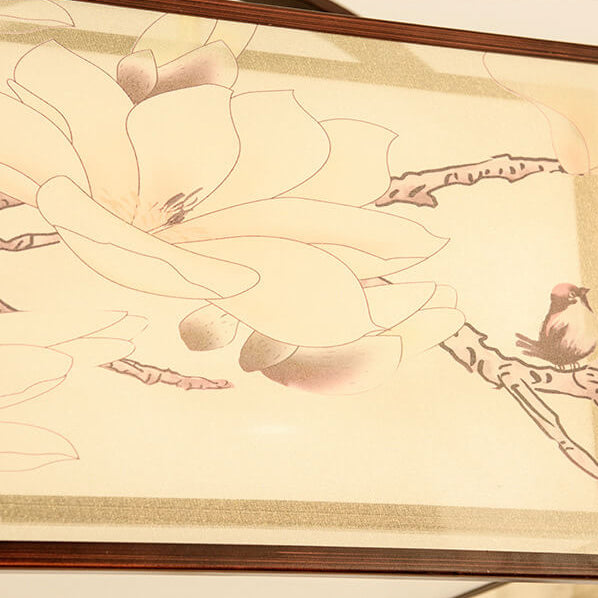 Chinese Zen Magnolia Embroidered Bird Fabric Shade 3-Light Chandelier