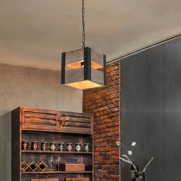 Chandelier Vintage Industriel en Bois avec Cage Carrée 1/4 Lumière 