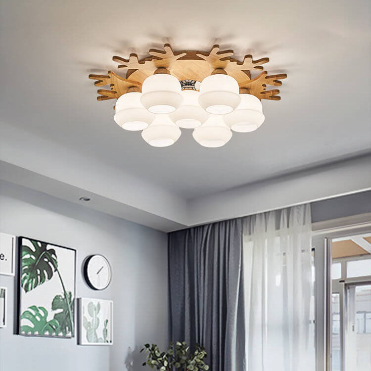 Nordic Solid Wood Antler Frosted Glass Round Shade 3/5/7 Light Flush Mount Ceiling Light
