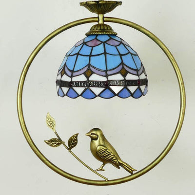 Tiffany Rustic Dome Stained Glass Ring Bird Design 1-Light Pendant Light