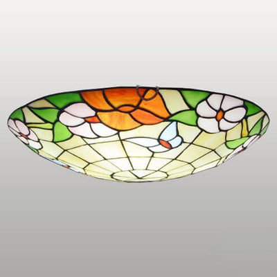 European Tiffany Round Flower Stained Glass 2/3 Light Flush Mount Ceiling Light
