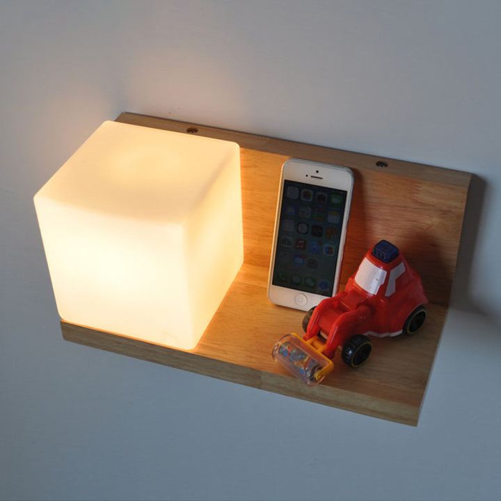 Moderne kreative 1-flammige quadratische Wandleuchte aus Gummibaumholz und Glas für Wohnzimmer &amp; Schlafzimmer 