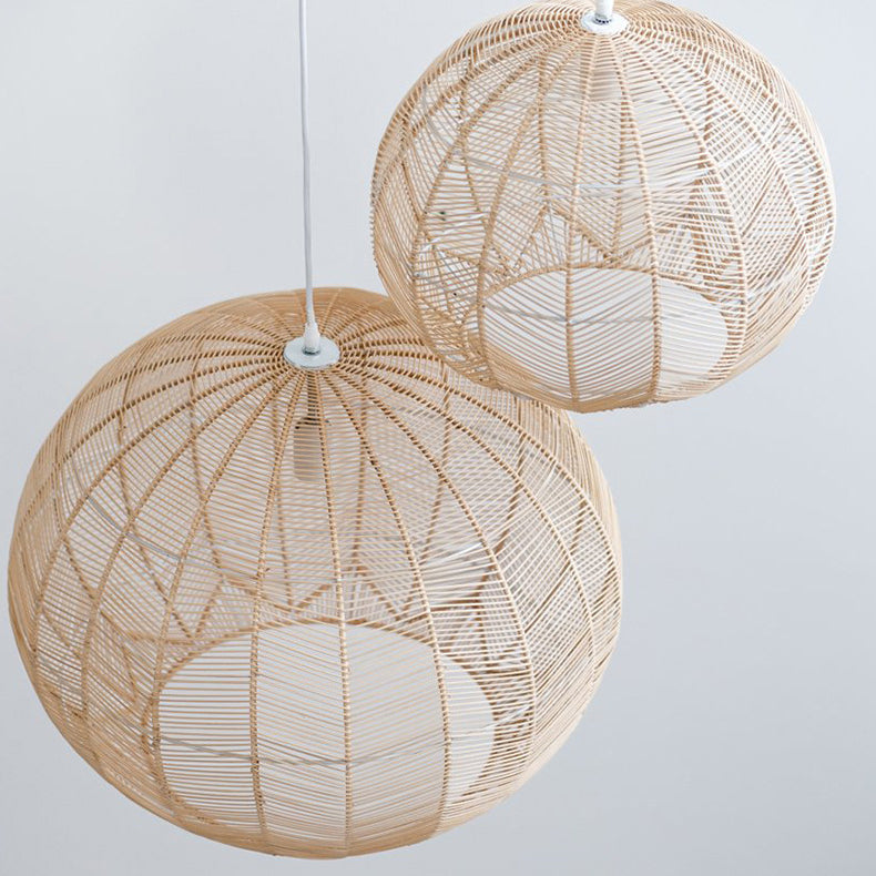 Contemporary Boho Rattan Weaving Cage 1-Light Pendant Light For Dining Room