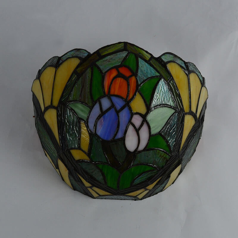 Vintage Tiffany Flower Stained Glass Bowl 1-Light Wall Sconce Lamp