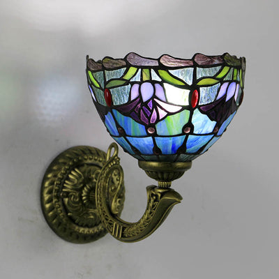 Tiffany Cup Dragonfly Tulip Zinc Alloy Stained Glass 1-Light Wall Sconce Lamp