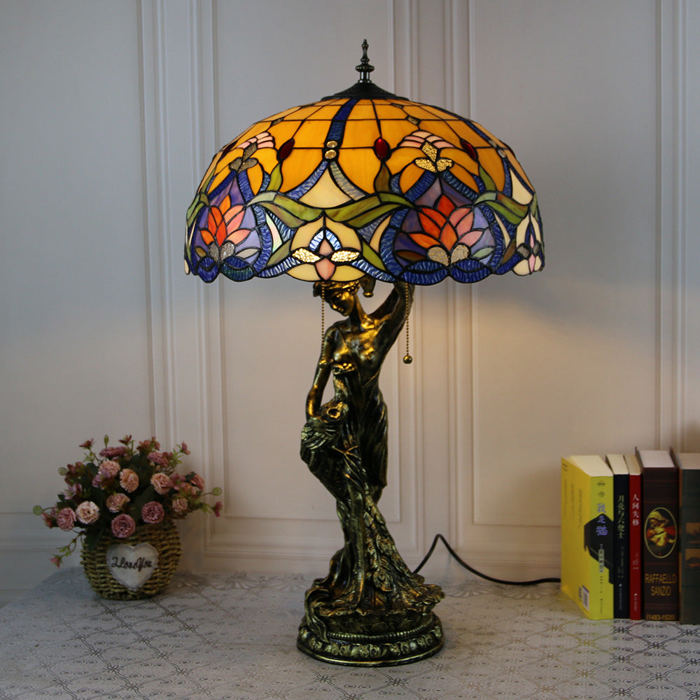 Lampe de table à 2 lumières avec base en résine et beauté en verre teinté Tiffany vintage 