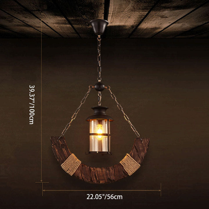 Traditional Farmhouse Arched Wooden Beam Iron Chain 1-Light Pendant Light For Entertainment Room