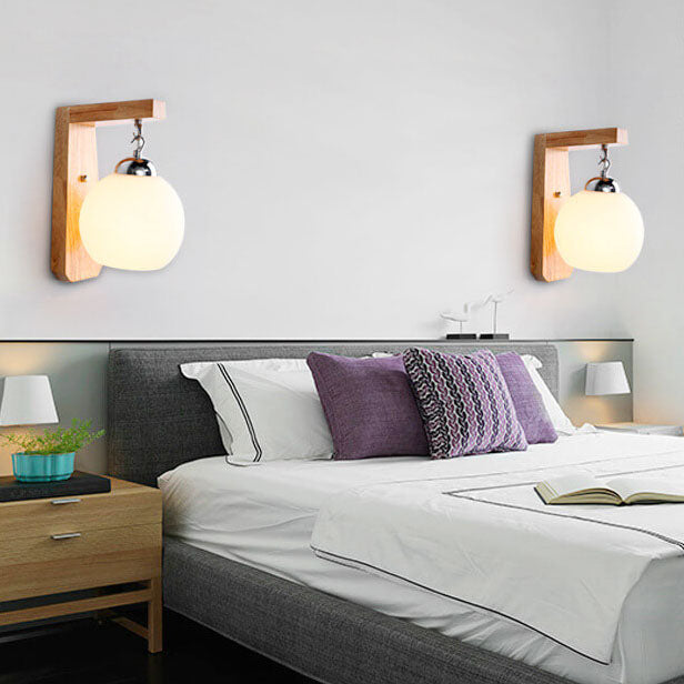 Applique murale à bras en bois avec globe en verre à 1 lumière 