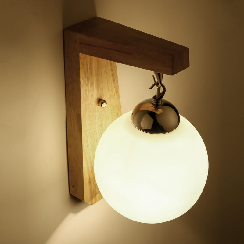 Applique murale à bras en bois avec globe en verre à 1 lumière 