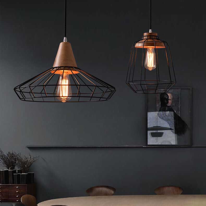 Industrielle Retro Schwarz Käfig Metall 1-Licht Pendelleuchte 