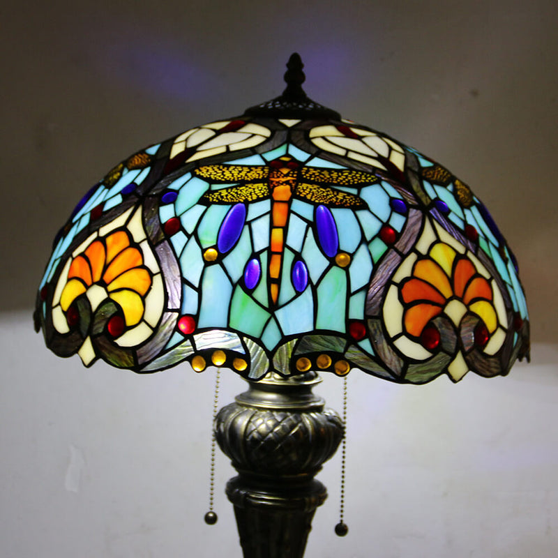 European Vintage Tiffany Dragonfly Peacock Glass Resin 1-Light Table Lamp