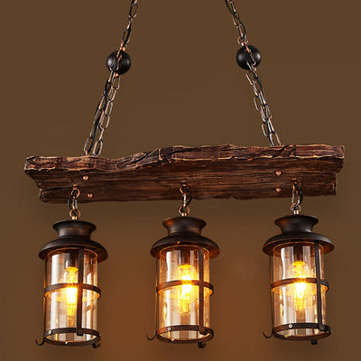 Lustre à 3 lumières en fer avec bande boisée de style ferme traditionnelle pour salle à manger 