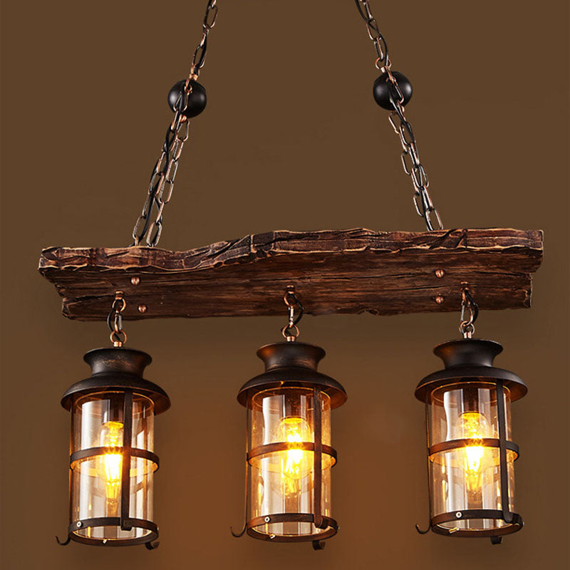 Lustre à 3 lumières en fer avec bande boisée de style ferme traditionnelle pour salle à manger 
