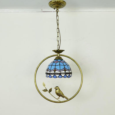 Tiffany Rustic Dome Stained Glass Ring Bird Design 1-Light Pendant Light