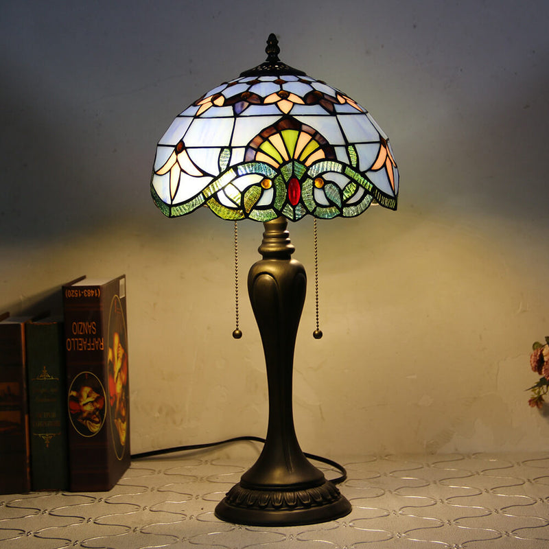 Vintage Tiffany Baroque Stained Glass Dome Pull Cord 1-Light Table Lamp