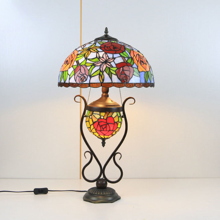 Traditional Tiffany Floral Stained Glass Iron Resin Round Pot 3-Light Table Lamp For Bedroom