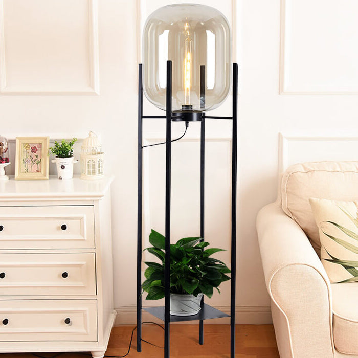 Modern Simplicity Round Glass Jar Shade Iron Holder 1-Light Standing Floor Lamp For Living Room