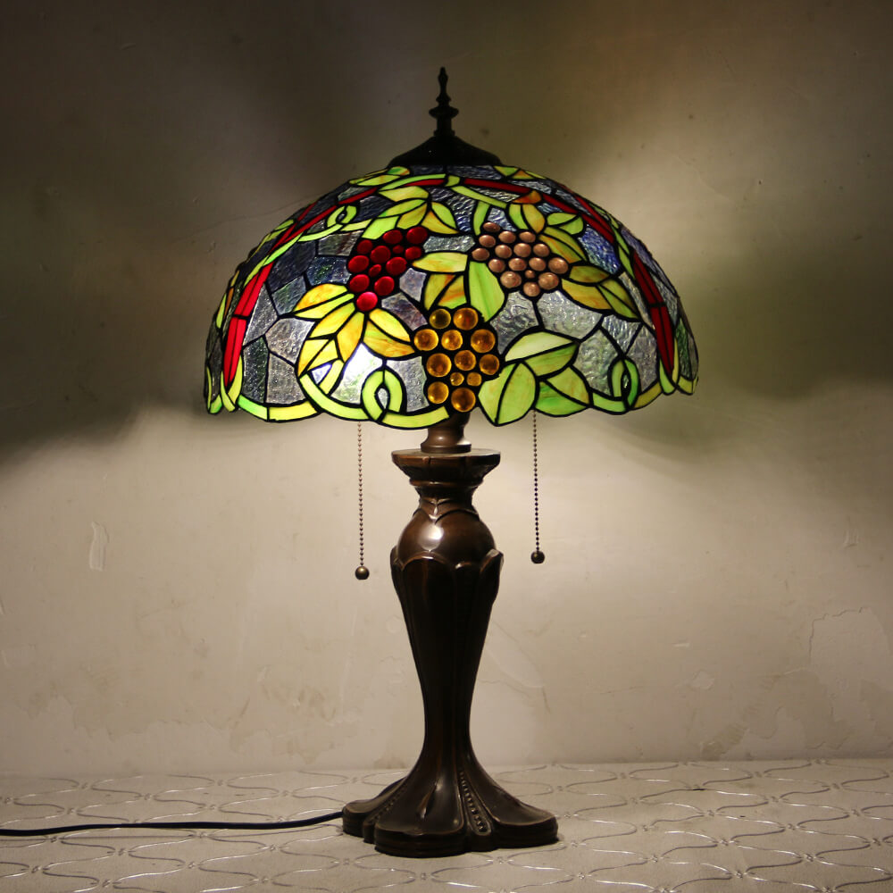 Lampe de table Tiffany avec fleur rétro européenne en verre teinté à 1 lumière avec cordon de tirage 